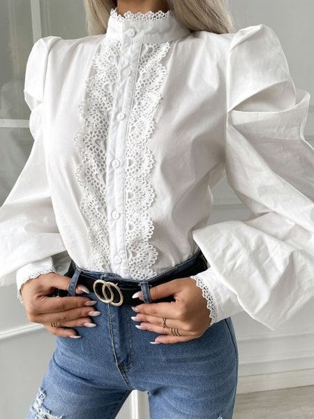 

Stand Collar Solid Daily Long sleeve Shirt, White, Blouses and Shirts