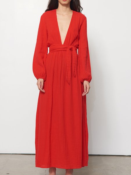 

Solid V neck Vacation Daily Dress, Red, Maxi Dresses
