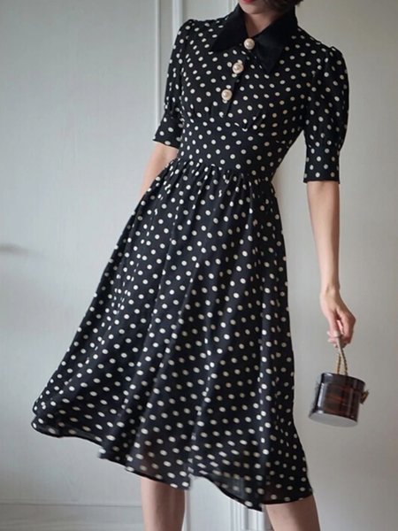 Regular Fit Elegant Polka Dots Midi Dress, Black, Midi Dresses