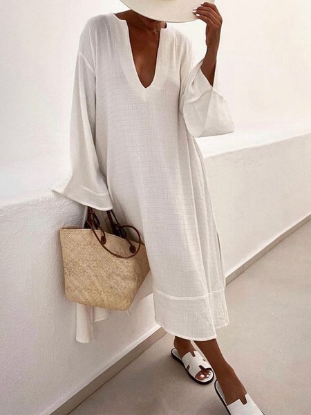 

Plus Size Casual Loosen V Neck Solid Long Sleeve Dresses, White, Midi Dresses