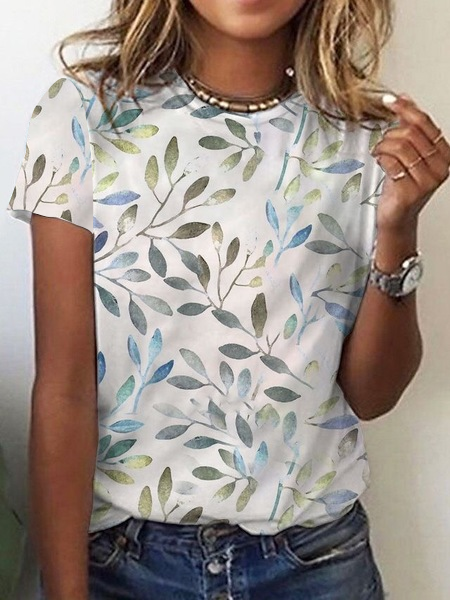 

Leaves Cotton Blends Casual Shirts & Tops, White, T-Shirts