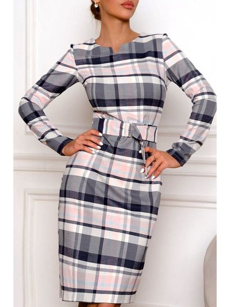 

Elegant Grid Regular Fit Long sleeve Dress, Gray, Midi Dresses