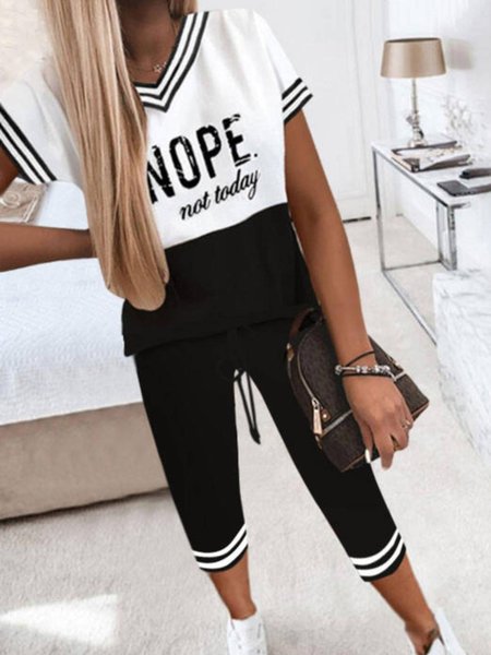 

V Neck Casual Letter Suits, Black, Two-piece Outfits