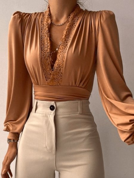 

Spring Long sleeve Elegant V Neck High Stretch Date Tops, Light orange, Tops