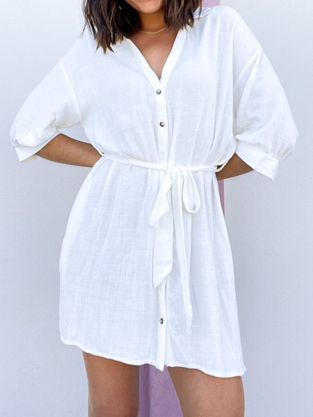 

Plain Casual Shirt Collar Cotton Blends Dresses, White, Mini Dresses