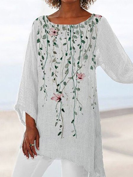 Loosen Casual Floral Shirts & Tops, White, Long sleeve tops