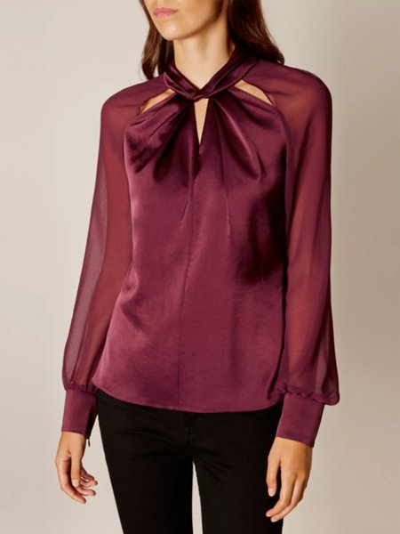 

Elegant Regular Fit Long Sleeve Solid Top, Wine red, Blouses and Shirts