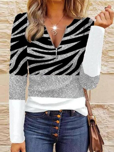 

Casual Zipper V Neck Printed Shirts & Tops, Multicolor, Long sleeve tops