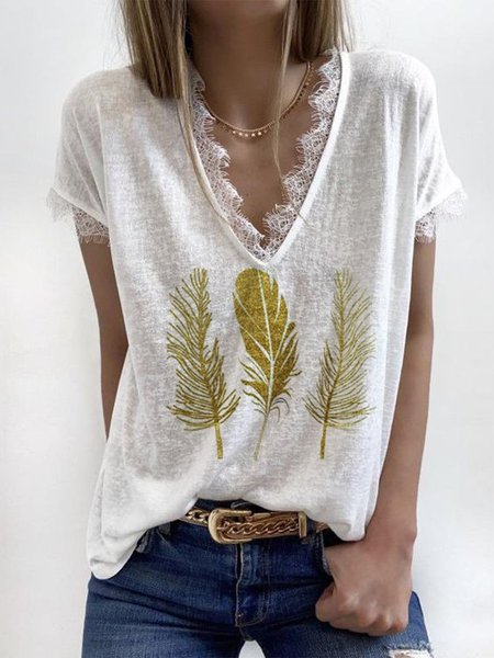 

Cotton Blends Casual V Neck Lace Shirts & Tops, White, T-Shirts