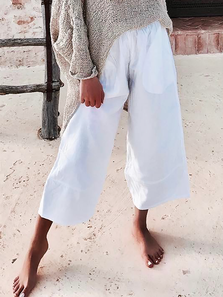 

Linen Plus size Casual Plain Pants, White, Pants