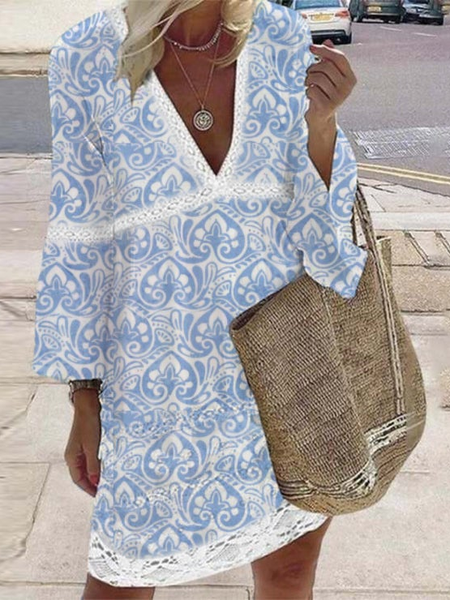 

Tribal Cotton Blends Casual Regular Fit V neck Dresses, Blue, Mini Dresses