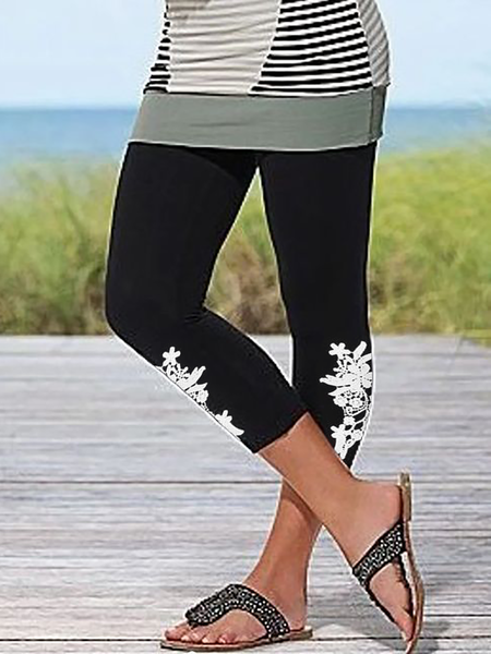 

Lace Plus size Casual Cropped Leggings Pants, Black, Leggings