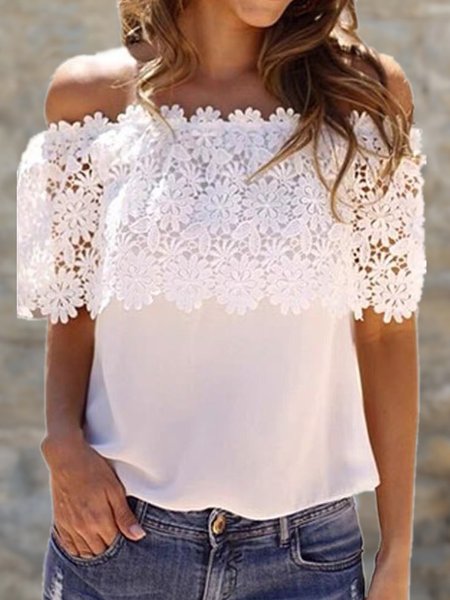 

Solid Lace Romantic Cotton Blends Solid Loosen Shirts & Tops, White, T-Shirts