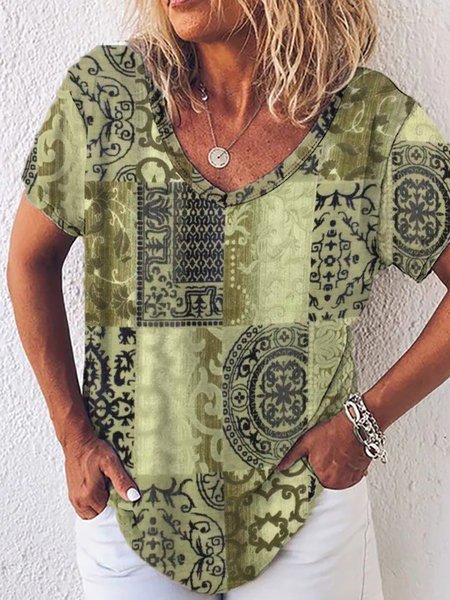 

Loosen Casual Cotton Blends Shirts & Tops, Lightgreen, T-Shirts