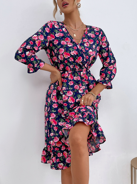 

Casual Floral V Neck Loosen Dresses, Deep pink, Floral Dresses
