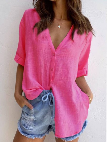 

Shirt Collar Casual Buttoned Shirts & Tops, Rose red, Blouses & Shirts