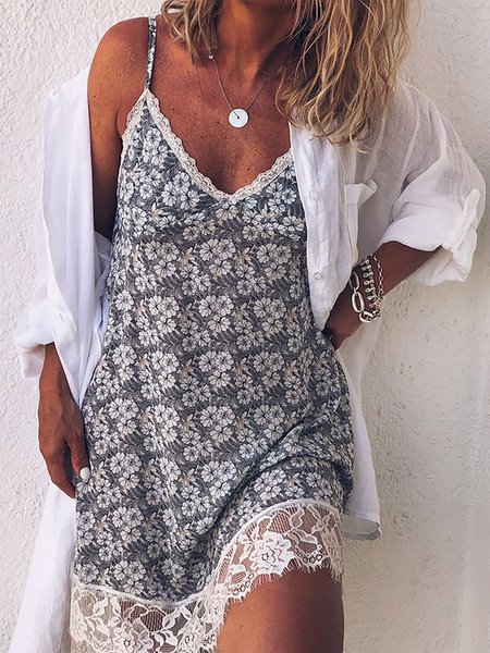 

Loosen Floral Spaghetti Lace A-line Short Dresses, Deep gray, Mini Dresses