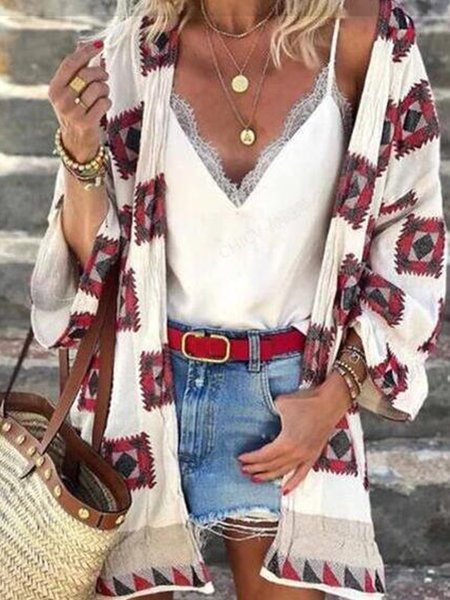 

Striped Boho Collarless Outerwear, Red, Outerwear