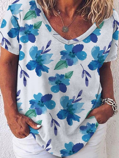 

Floral V Neck Cotton Blends Casual Shirts & Tops, White, T-Shirts