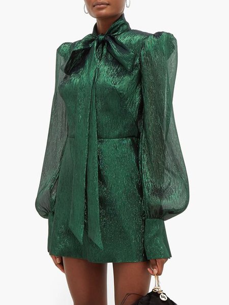 

Plain Tie Neck Bishop Sleeve Mini Dress, Green, Mini Dresses