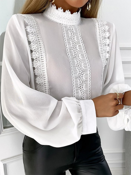 

Lace Long sleeve Plain Casual Stand Collar Shirts & Tops, White, Tops