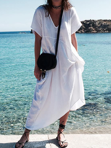 

Plus size Casual V Neck Plain Short sleeve Woven Dress, White, Maxi Dresses