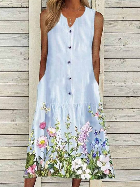 

floral tiered sleeveless dress V Neck Vacation Loosen Dresses, Blue, Floral Dresses