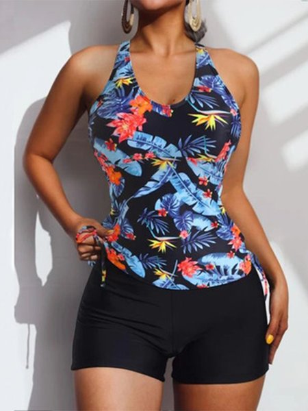 

Waist Boxer Floral Swimsuit Tankini Plus Size, Purplish blue, Swimwear