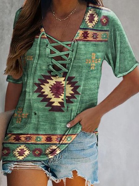 

Casual Regular Fit Tribal V Neck Shirts & Tops, Green, Long sleeve tops