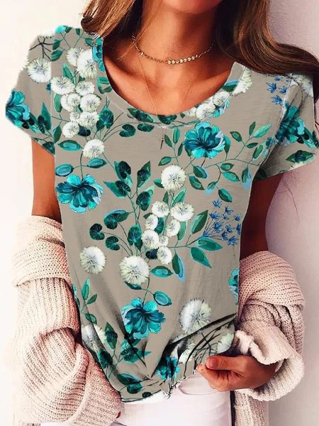 

Floral Loosen Cotton Blends Shirts & Tops, Multicolor, Tees & T-shirts