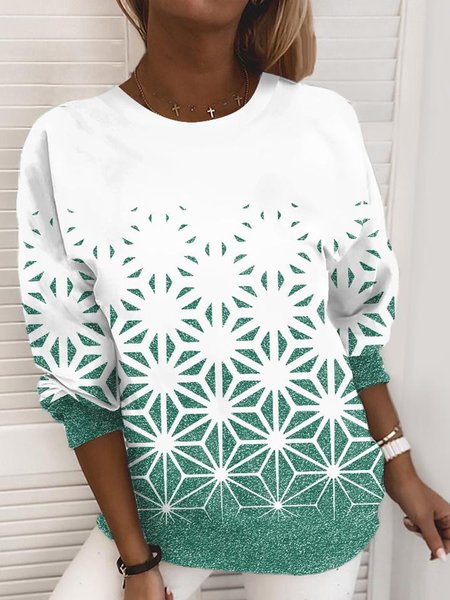 

Casual Loosen Geometric Crew Neck Cotton Blends Shirts & Tops, Green, T-Shirts