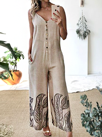 

Cotton and Linen Botanical Pattern Vintage Jumpsuit V Neck Plants One-Pieces, Khaki, Jumpsuits＆Rompers