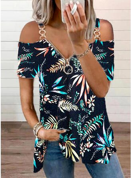 

Floral V Neck Cotton Blends Shirts & Tops, Blue, T-Shirts
