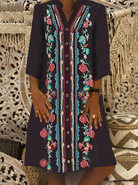

Boho Tribal Floral Pattern 3/4 Sleeve Plus Size Casual Long sleeve Woven Dress, Black, Mini Dresses