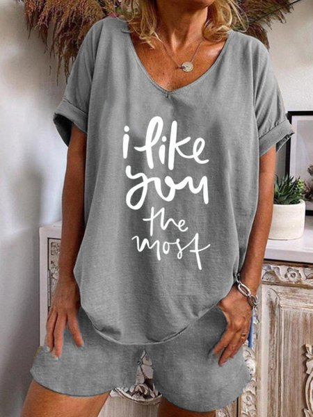 

Casual Letter V Neck Cotton Blends Off Shoulder Loosen Suits, Gray, Two-piece Outfits
