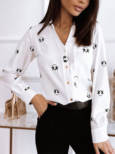 

Geometric Casual Shirt Collar Long sleeve Shirts & Tops, White, Blouses & Shirts