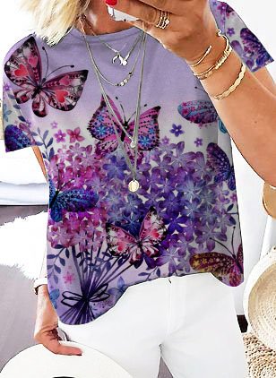 

Floral Butterfly Crew Neck Shirts & Tops, Purple, T-Shirts