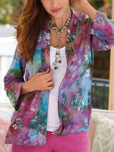 

Casual Long Sleeve Plus Size Printed Outwear, Purple, Outerwear