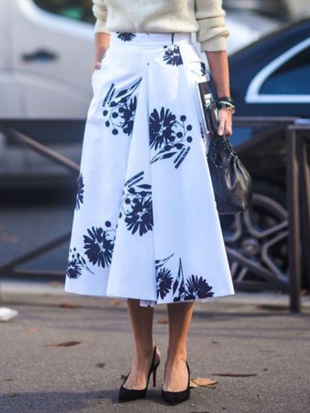 

Elegant Printed A LineA Skirt, White, Maxi Skirts