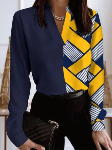 Casual Long Sleeve V Neck Plus Size Printed Tops, Blue, Tops