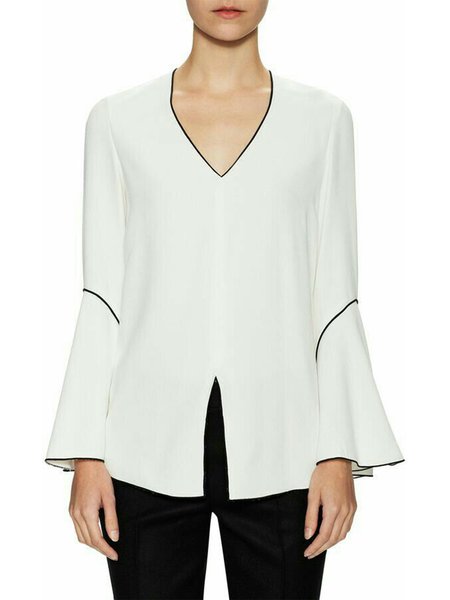 

Long sleeve Simple V Neck Daily Top, White, Blouses and Shirts