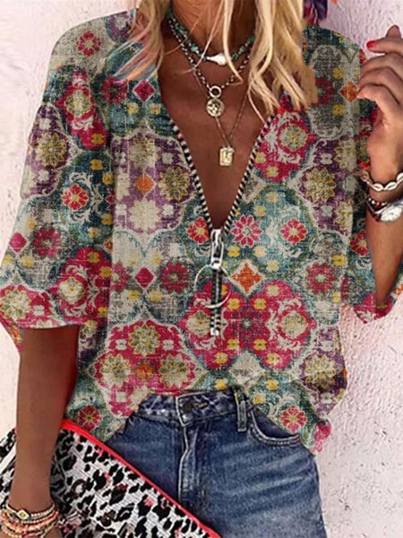 

Tribal Loosen V Neck Vacation Shirts & Tops, Multicolor, Shirts & Blouses