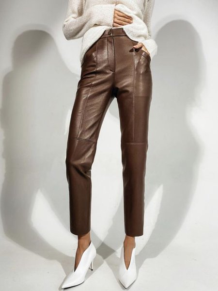 

Daily Solid Simple Regular fit Pants, Brown, Skinny Leg Pants