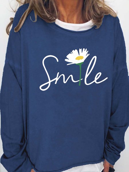 

Smile Floral Print Crew Neck Casual Sweatershirt, Deep blue, Hoodies&Sweatshirts