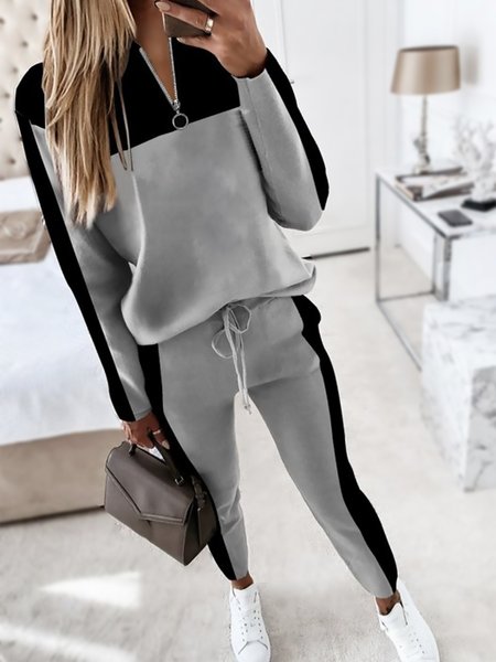 

Color Block Loosen Sporty Off Shoulder Cotton Blends Two Piece Sets, Black-grey, Two-piece Outfits
