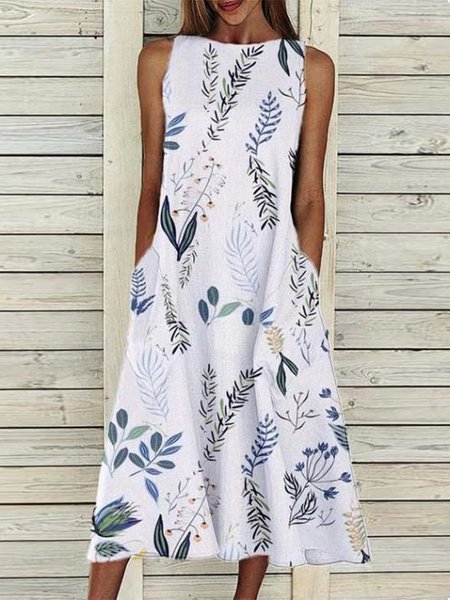 

Floral Casual Pockets Round Neck A-line Loosen Dresses, White, Midi Dresses