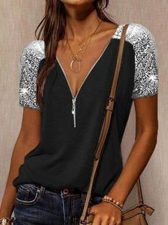 

Sequins Regular Fit Party V Neck Shirts & Tops, Black, T-Shirts
