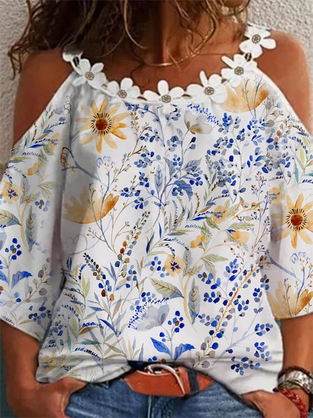 

Vacation Off The Shoulder Floral Lace Shirts & Tops Plus Size, White, T-Shirts