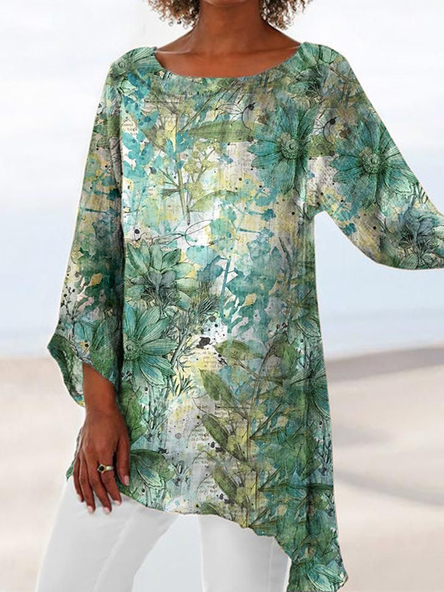 

Vacation Floral Round Neck Shirts & Tops, Green, Long sleeve tops