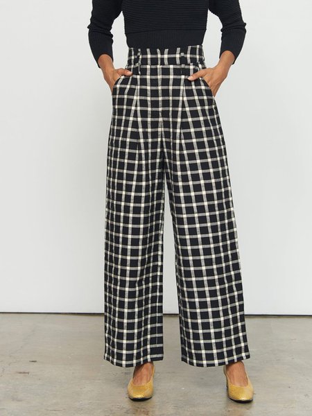 

Casual Checked/Plaid Daily Straight Leg Pants, Black, Wide Leg Pants